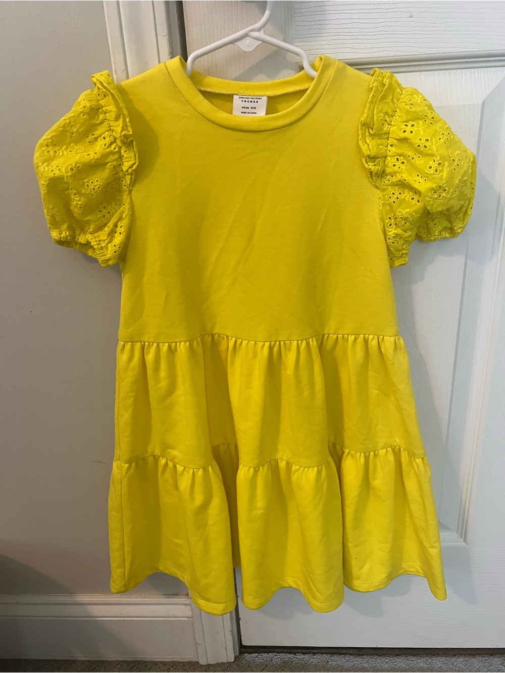 NWOT English Factory Girls' Yellow Tiered Dress with Eyelet Puff Sleeves